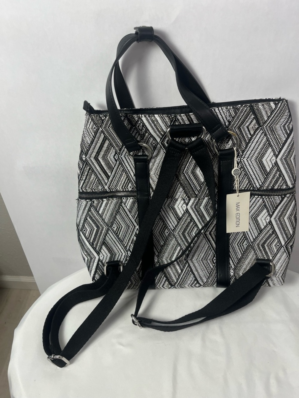 Max Edition Black & White and Silver Geometric Convertible Tote-Backpack